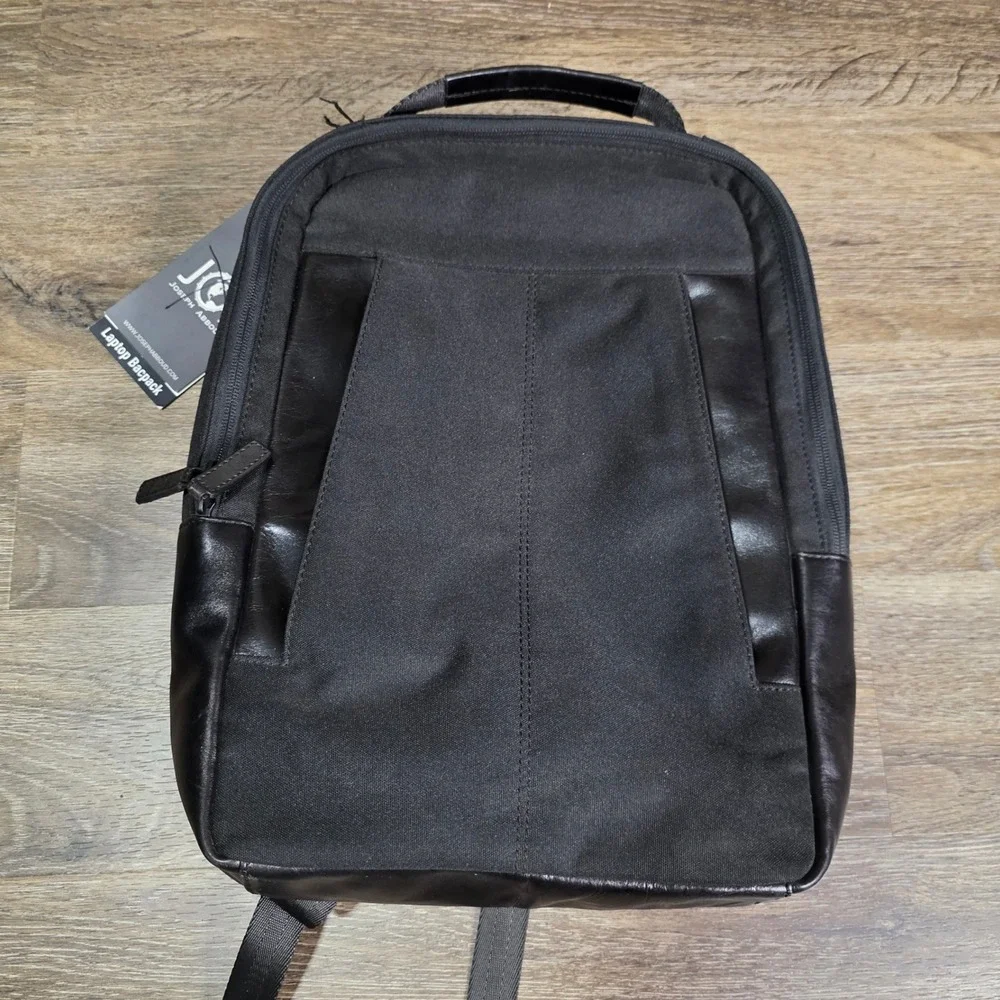 Joseph Abboud Mens OS Laptop Backpack Black Leather Trim Canvas Commuter‎ Bag